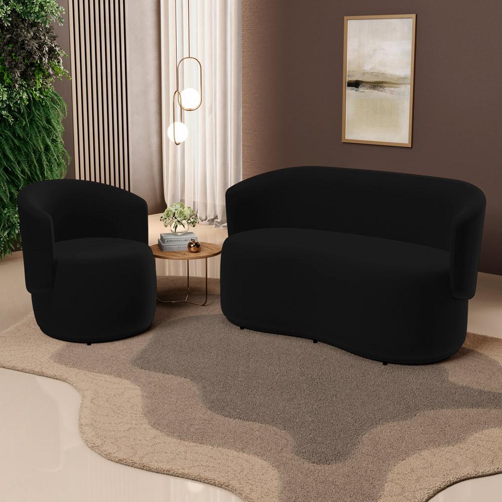 Kit 2 Poltronas e 1 Namoradeira Aisha Orgânica Suede Preto - Desk Design