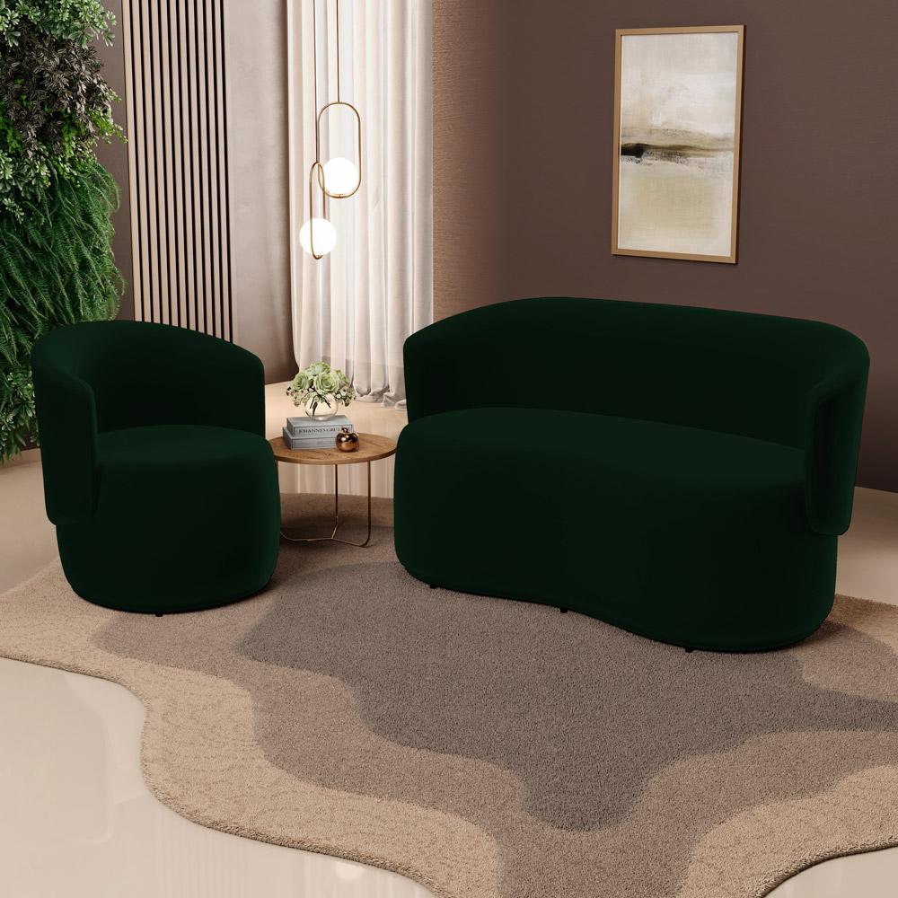 Kit 2 Poltronas e 1 Namoradeira Aisha Orgânica Veludo Verde Escuro - Desk Design