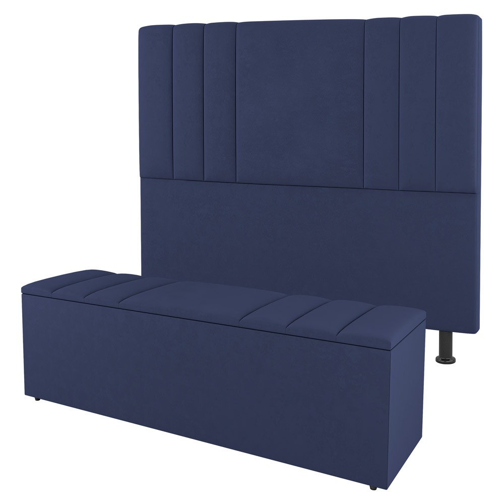 Kit Cabeceira e Baú Cama Box Casal Grace 140cm Suede Azul Marinho - Desk Design