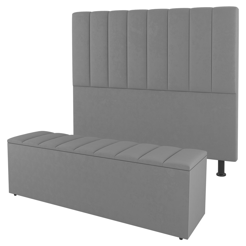 Kit Cabeceira e Baú Cama Box Solteiro Cora 90cm Suede Cinza Claro - Desk Design