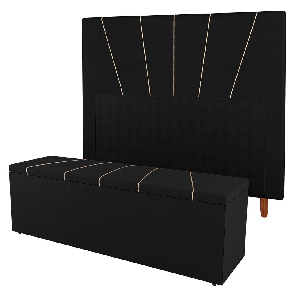 Kit Cabeceira e Baú Cama Box Solteiro Dallas 90cm Sintético Preto - Desk Design