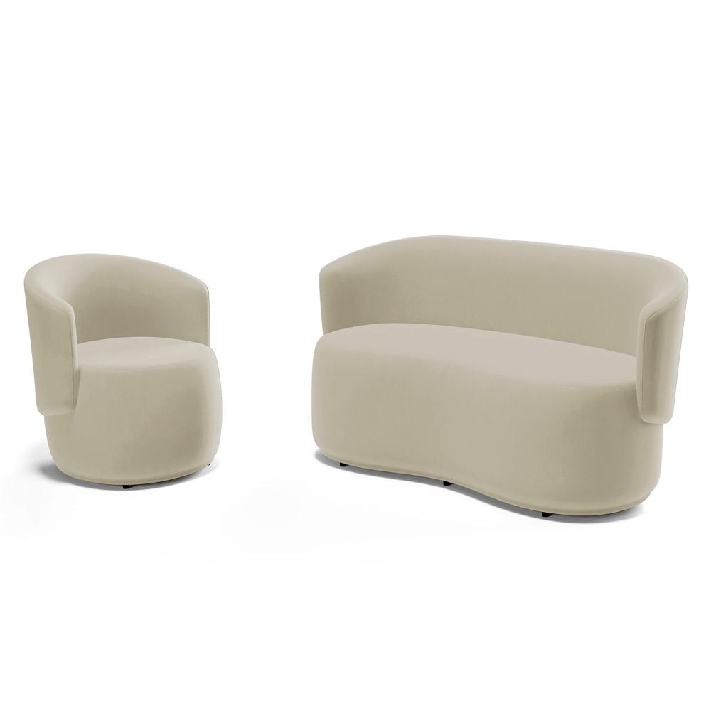 Kit Poltrona e Namoradeira Aisha Orgânica Suede Bege Claro - Desk Design