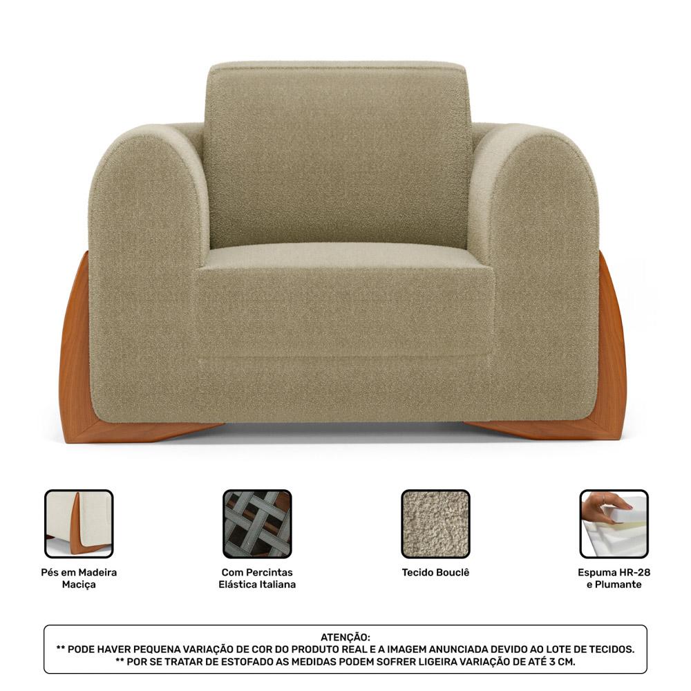 Poltrona Decorativa Living Bloom com Pés de Madeira Bouclê Bege - Desk Design