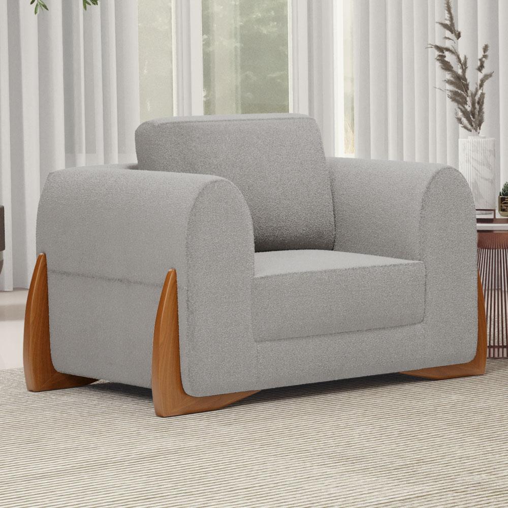 Poltrona Decorativa Living Bloom com Pés de Madeira Bouclê Cinza - Desk Design