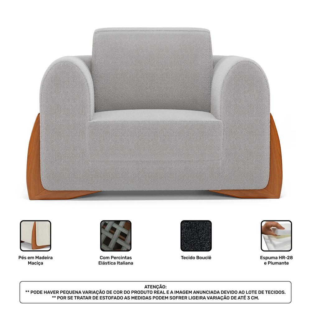 Poltrona Decorativa Living Bloom com Pés de Madeira Bouclê Cinza - Desk Design