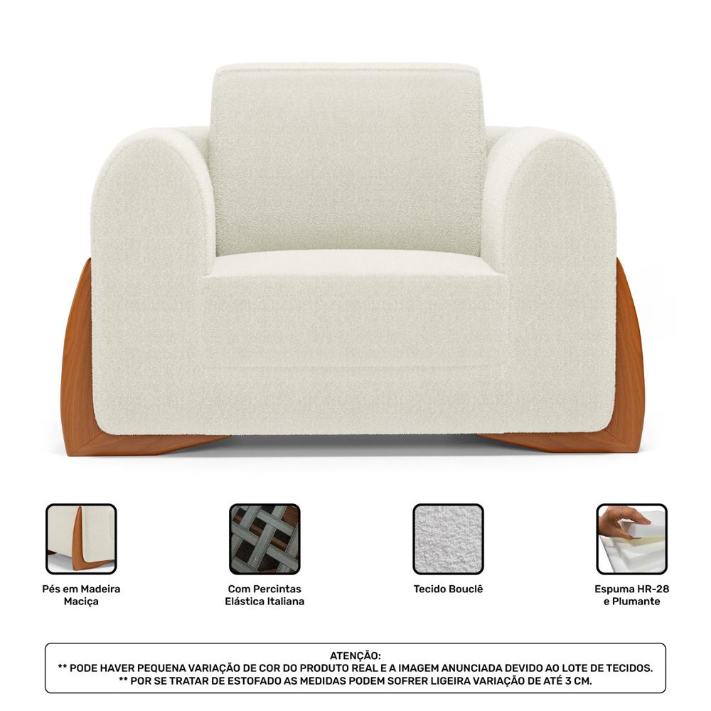 Poltrona Decorativa Living Bloom com Pés de Madeira Bouclê Off White - Desk Design