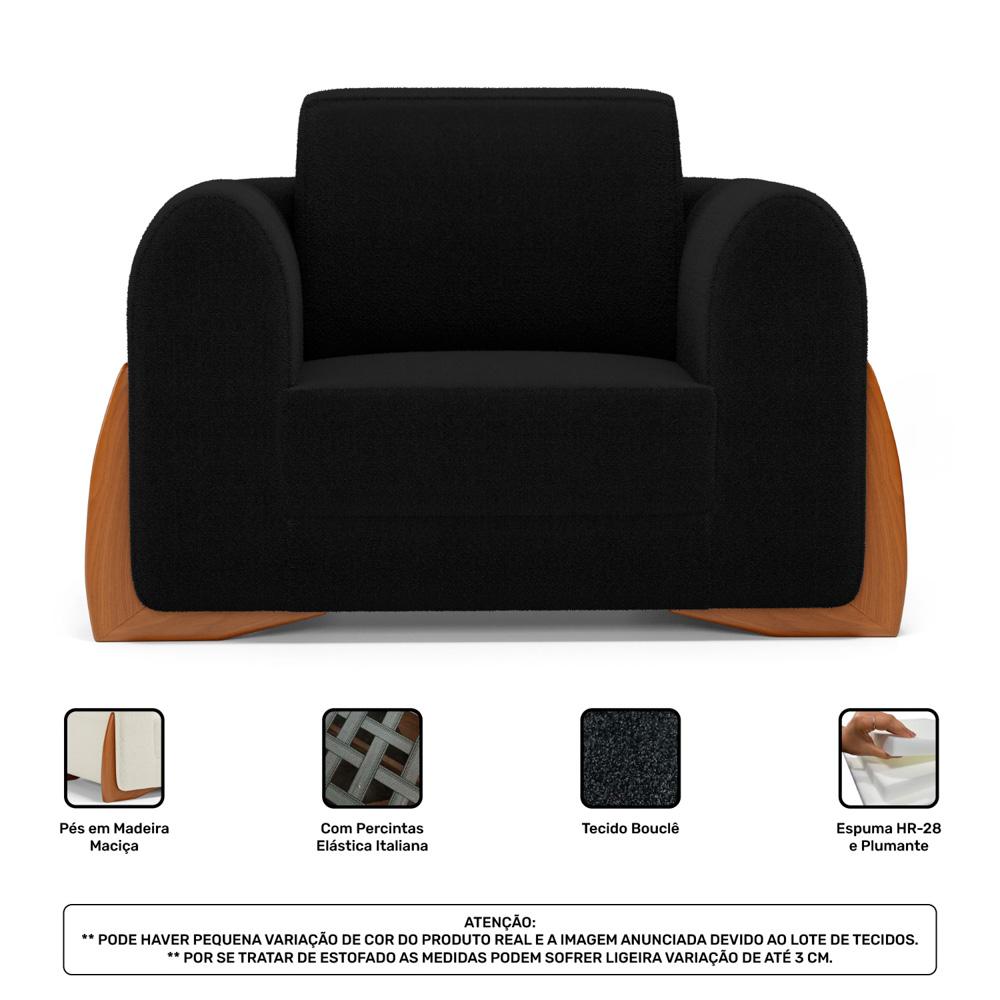 Poltrona Decorativa Living Bloom com Pés de Madeira Bouclê Preto - Desk Design