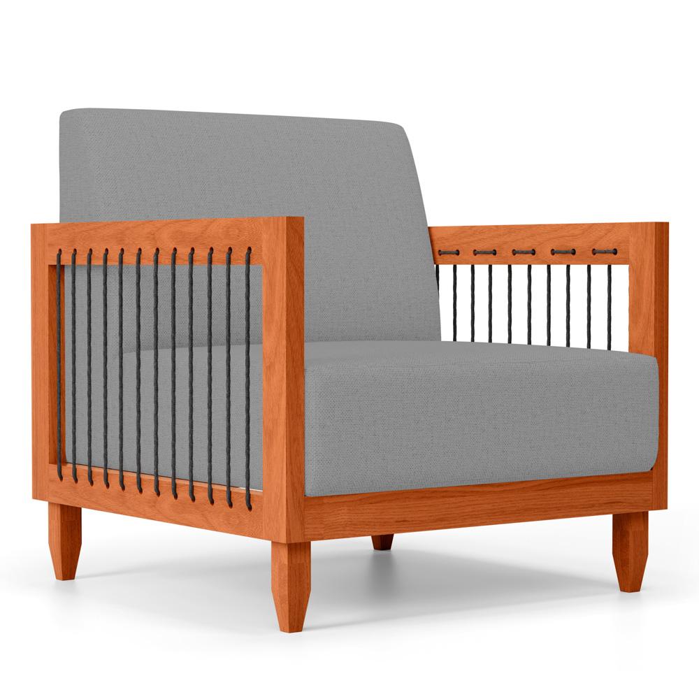 Poltrona Decorativa Varanda Samoa Madeira Maciça com Cordas Náutica Linho Cinza  - Desk Design
