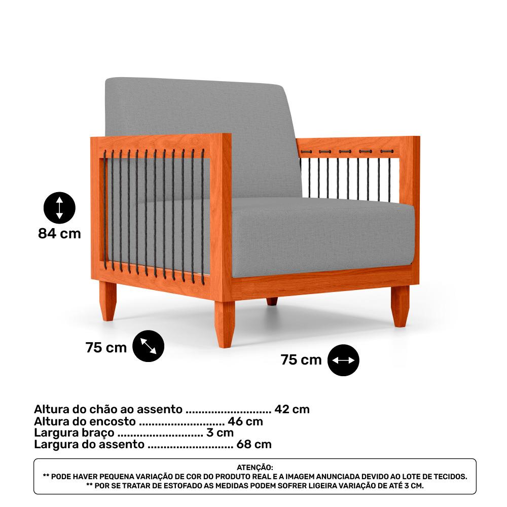 Poltrona Decorativa Varanda Samoa Madeira Maciça com Cordas Náutica Linho Cinza  - Desk Design