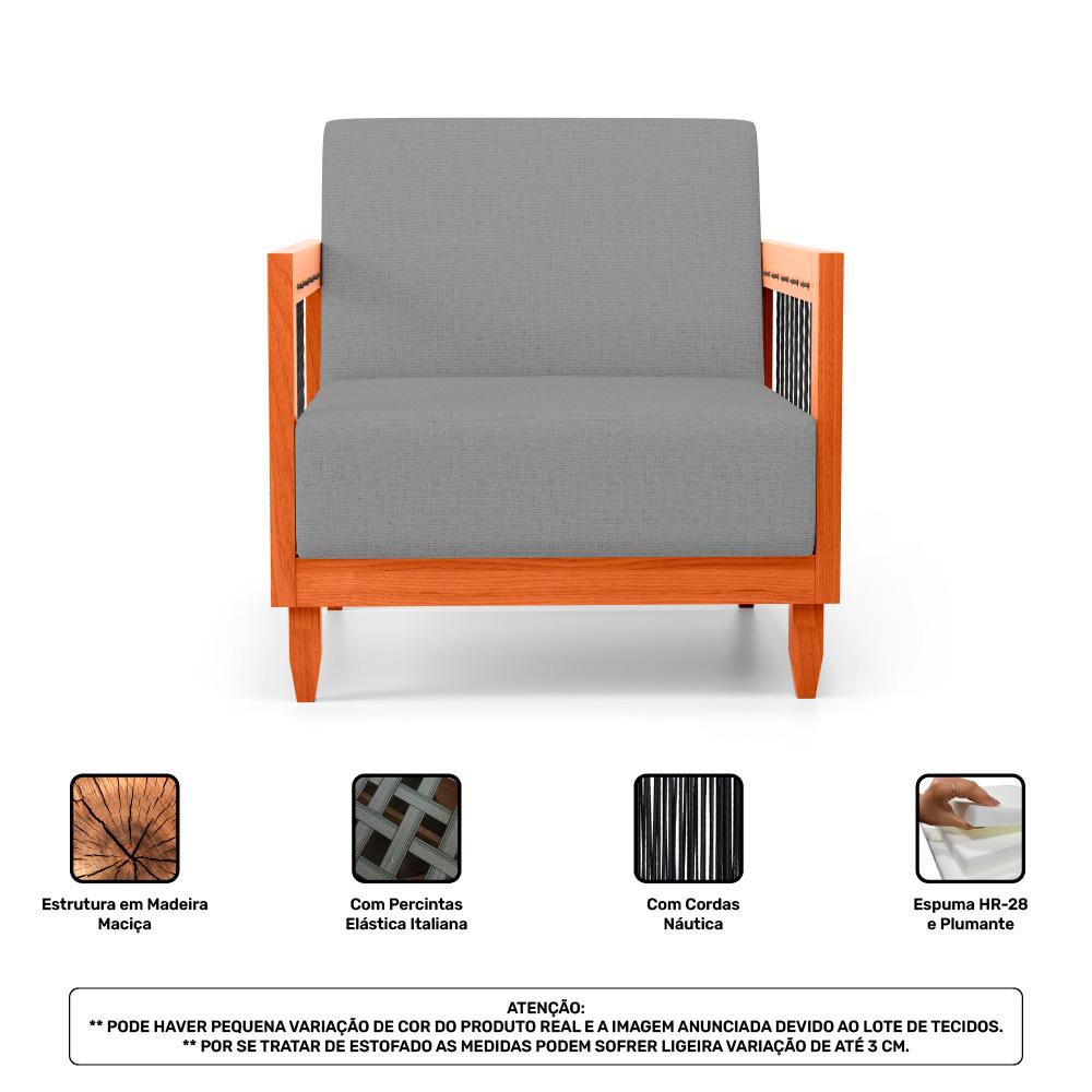 Poltrona Decorativa Varanda Samoa Madeira Maciça com Cordas Náutica Linho Cinza  - Desk Design