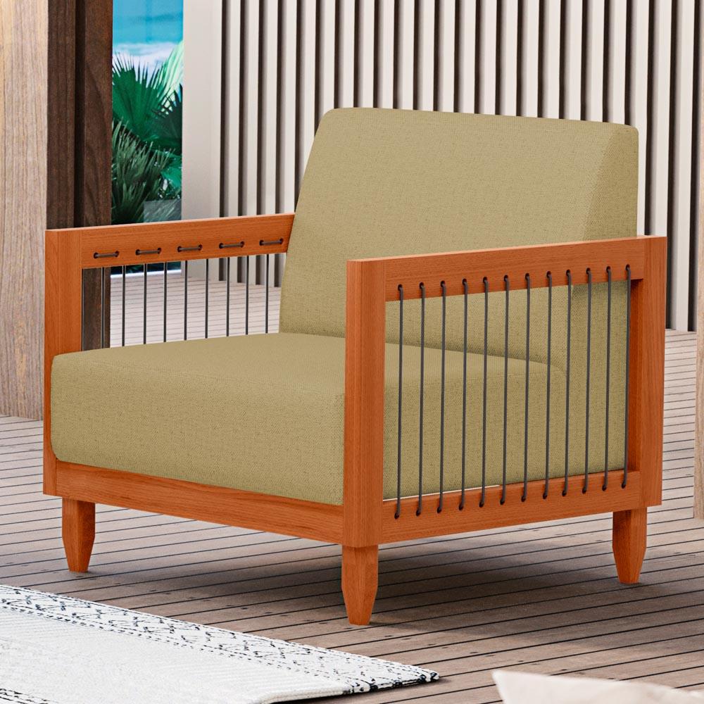 Poltrona Decorativa Varanda Samoa Madeira Maciça com Cordas Náutica Linho Dourado  - Desk Design