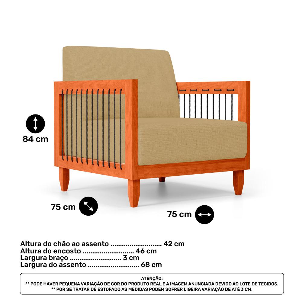 Poltrona Decorativa Varanda Samoa Madeira Maciça com Cordas Náutica Linho Dourado  - Desk Design