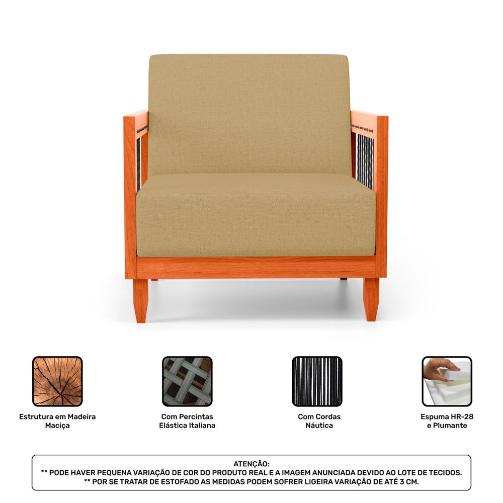 Poltrona Decorativa Varanda Samoa Madeira Maciça com Cordas Náutica Linho Dourado  - Desk Design