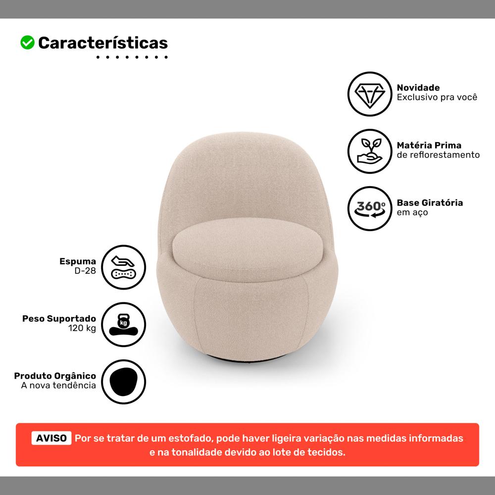 Poltrona Orgânica Living Memphis Base Giratória Bouclê Bege - Desk Design