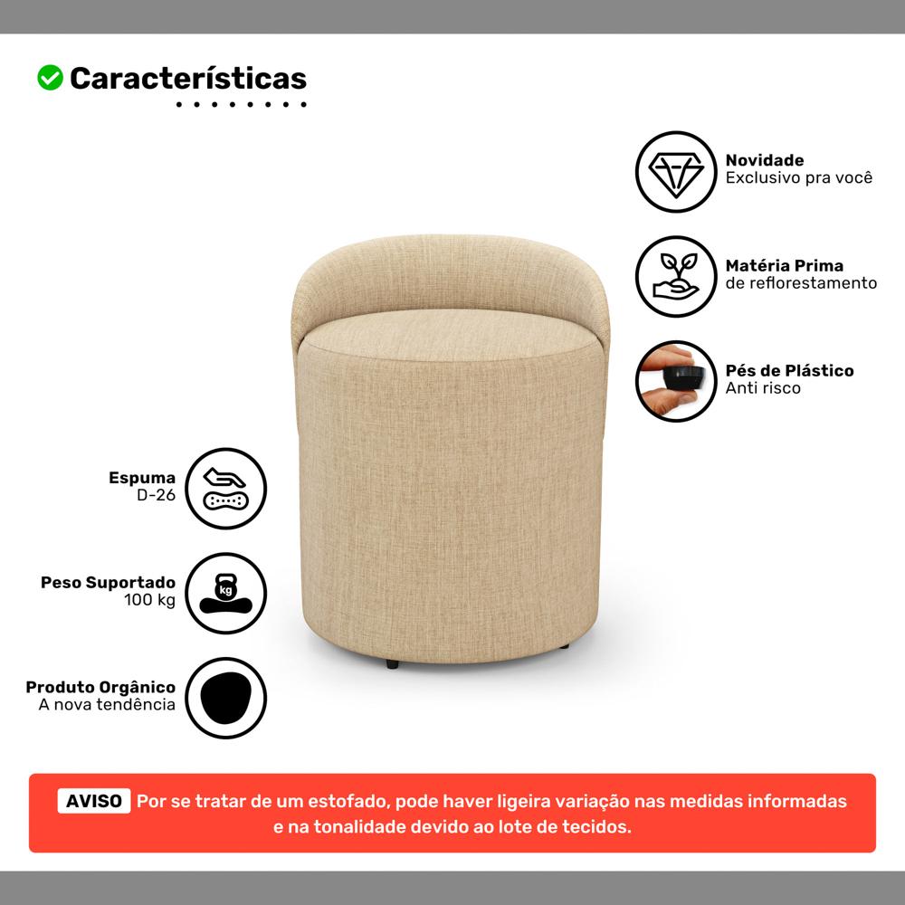 Puff Banqueta Living Gaia Orgânico com Encosto Baixo Linho Bege - Desk Design