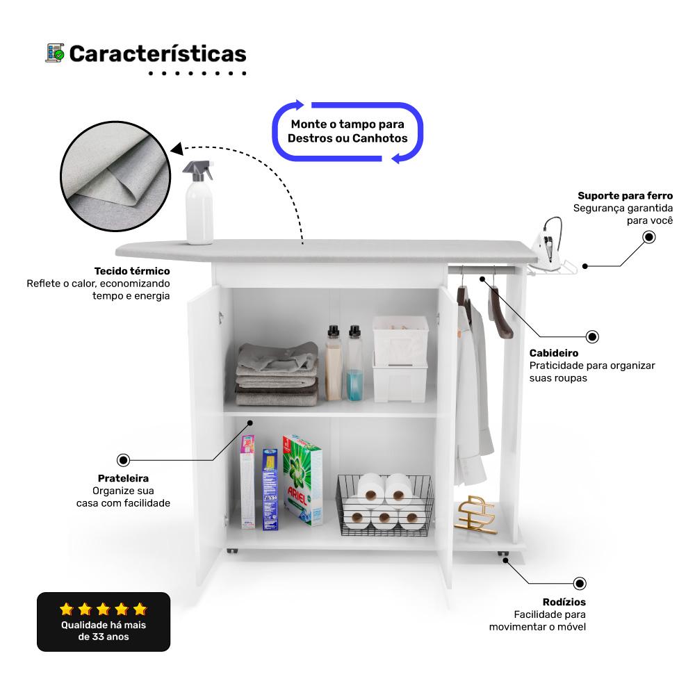 Tábua de Passar Roupa Top 02 Portas com Suporte Para Ferro e Cabideiro Branco - Desk Design