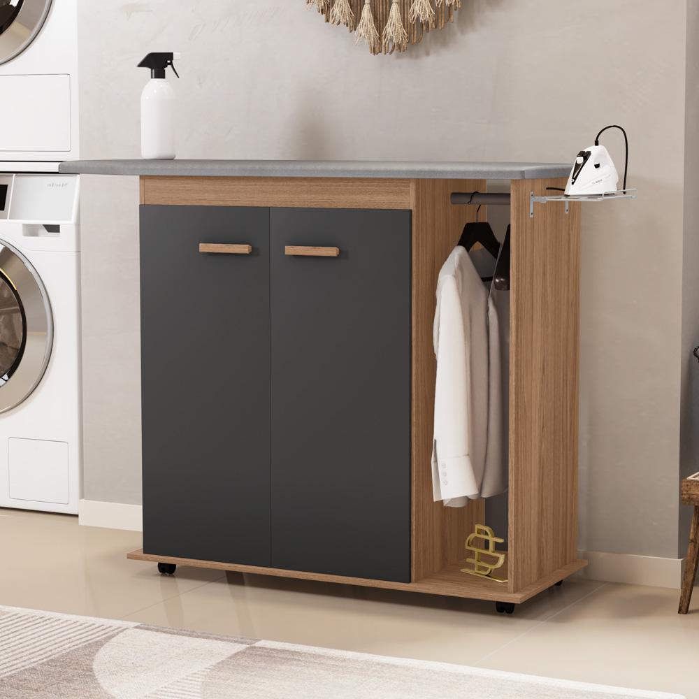 Tábua de Passar Roupa Top 02 Portas com Suporte Para Ferro e Cabideiro Freijó Grafite - Desk Design