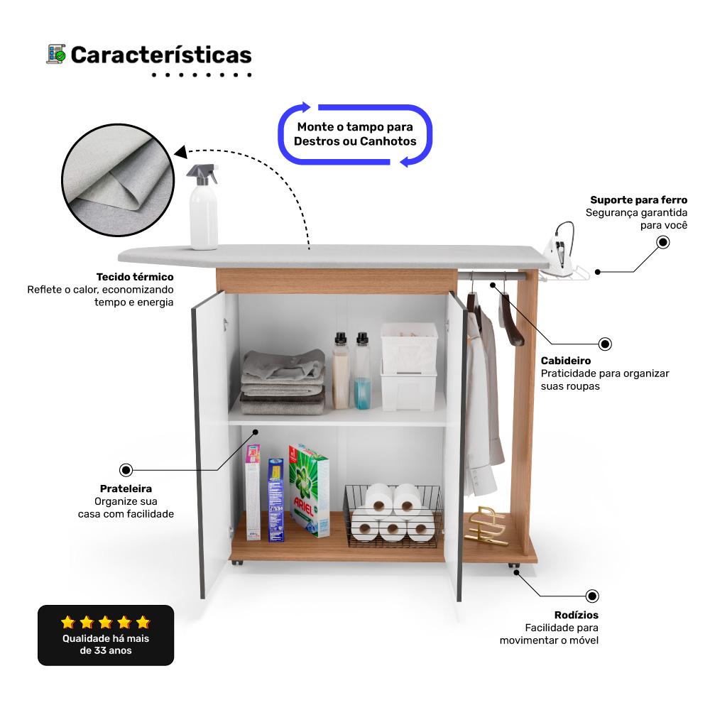 Tábua de Passar Roupa Top 02 Portas com Suporte Para Ferro e Cabideiro Freijó Grafite - Desk Design