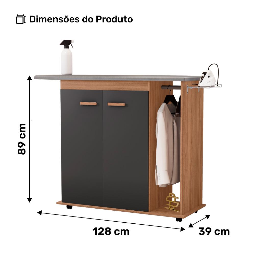 Tábua de Passar Roupa Top 02 Portas com Suporte Para Ferro e Cabideiro Freijó Grafite - Desk Design