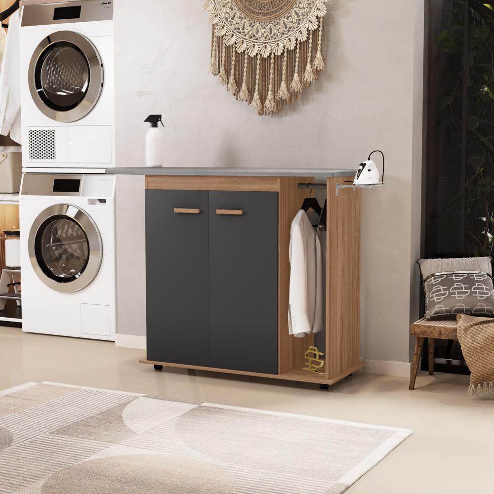 Tábua de Passar Roupa Top 02 Portas com Suporte Para Ferro e Cabideiro Freijó Grafite - Desk Design