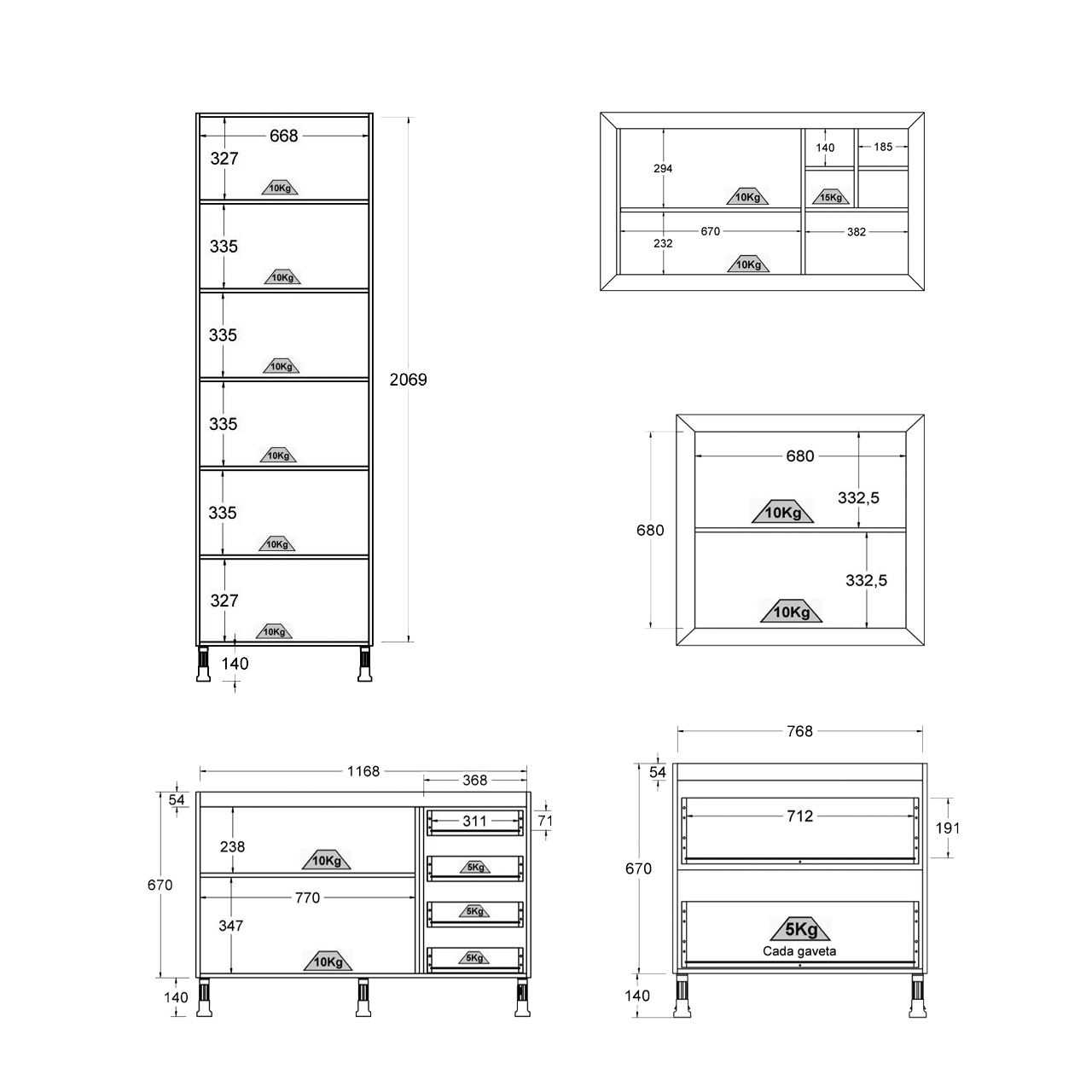 Armário de Cozinha Ditália Aspen 5 Peças Carvalho/Branco A10