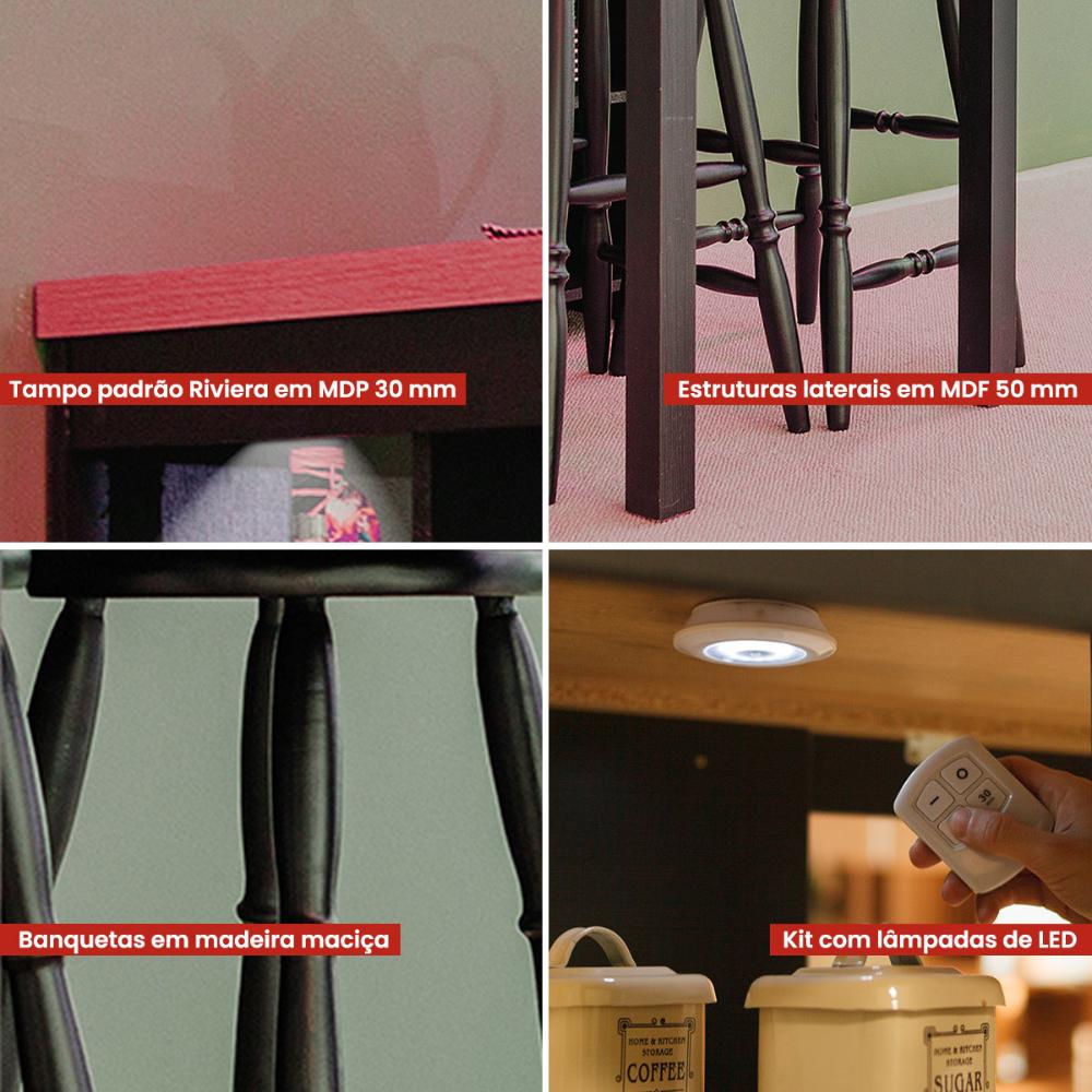 Bancada Cozinha Ditália + 2 Banquetas + Iluminação CD-1022 cor:preto