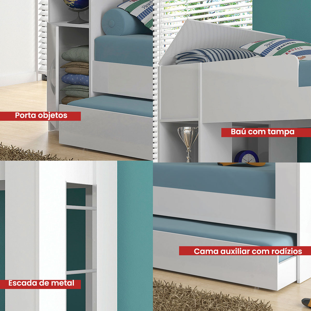 Beliche Cama Aux C/ 3 Colchões Ditália Treliche CM-15 Branco