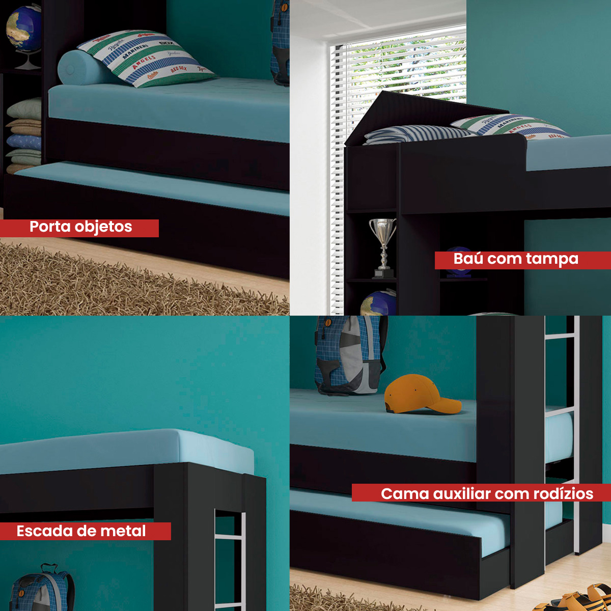 Beliche Cama Aux C/ 3 Colchões Ditália Treliche CM-15 Preto