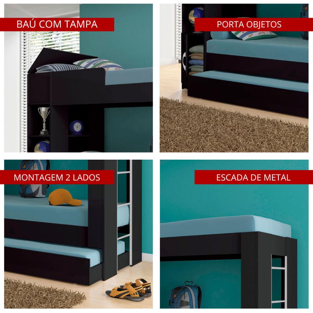 Beliche Ditália Cama Aux c/colchões+ Kit luz CM-15 COR:preto
