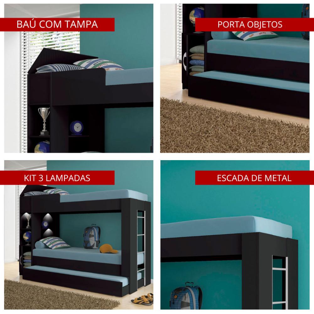 Beliche Ditália Cama Auxiliar com kit luz CM-15 COR:preto