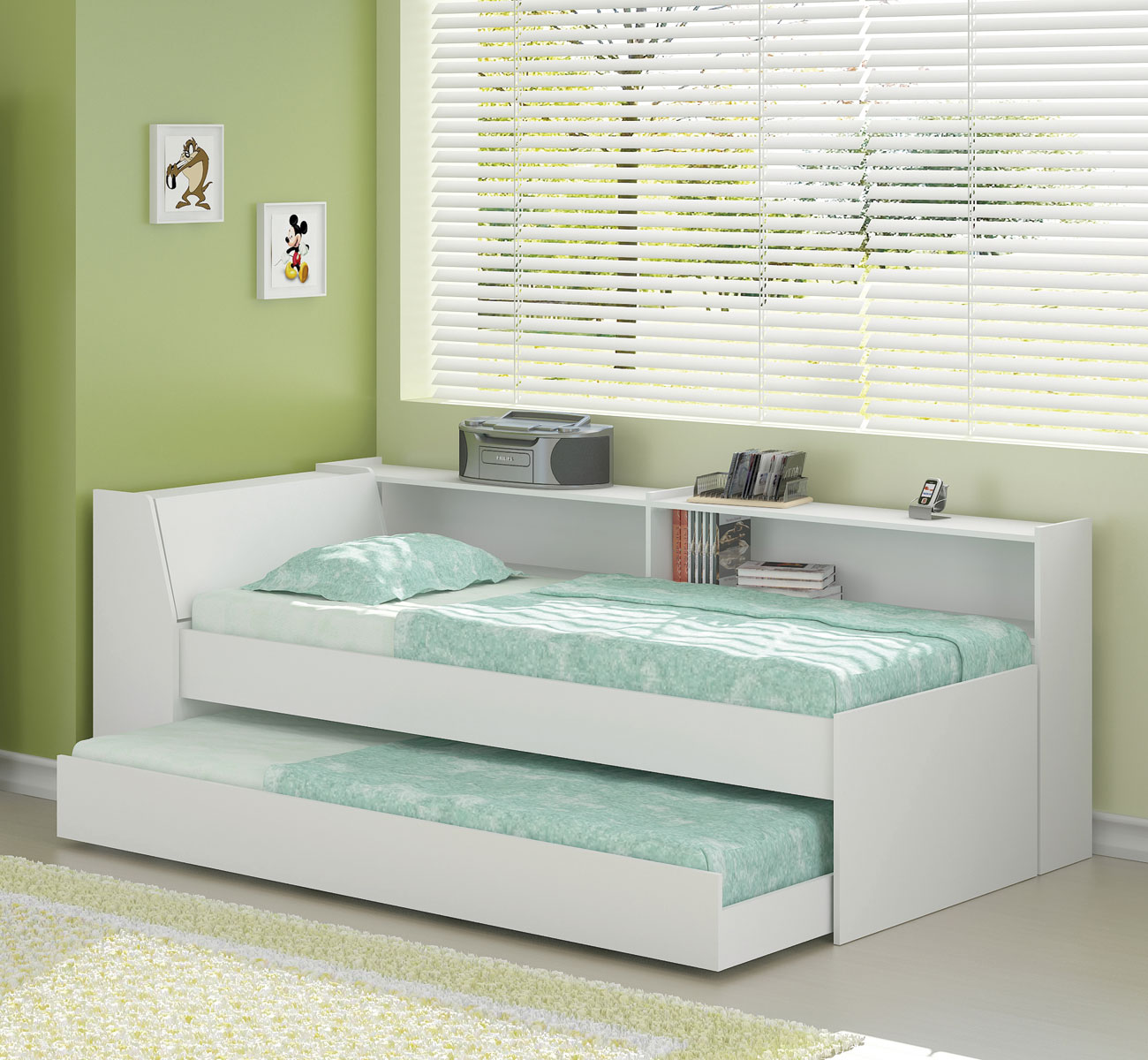 Cama Solteiro Bicama Estante +luz+2colc Ditália BB2829 cor:branco