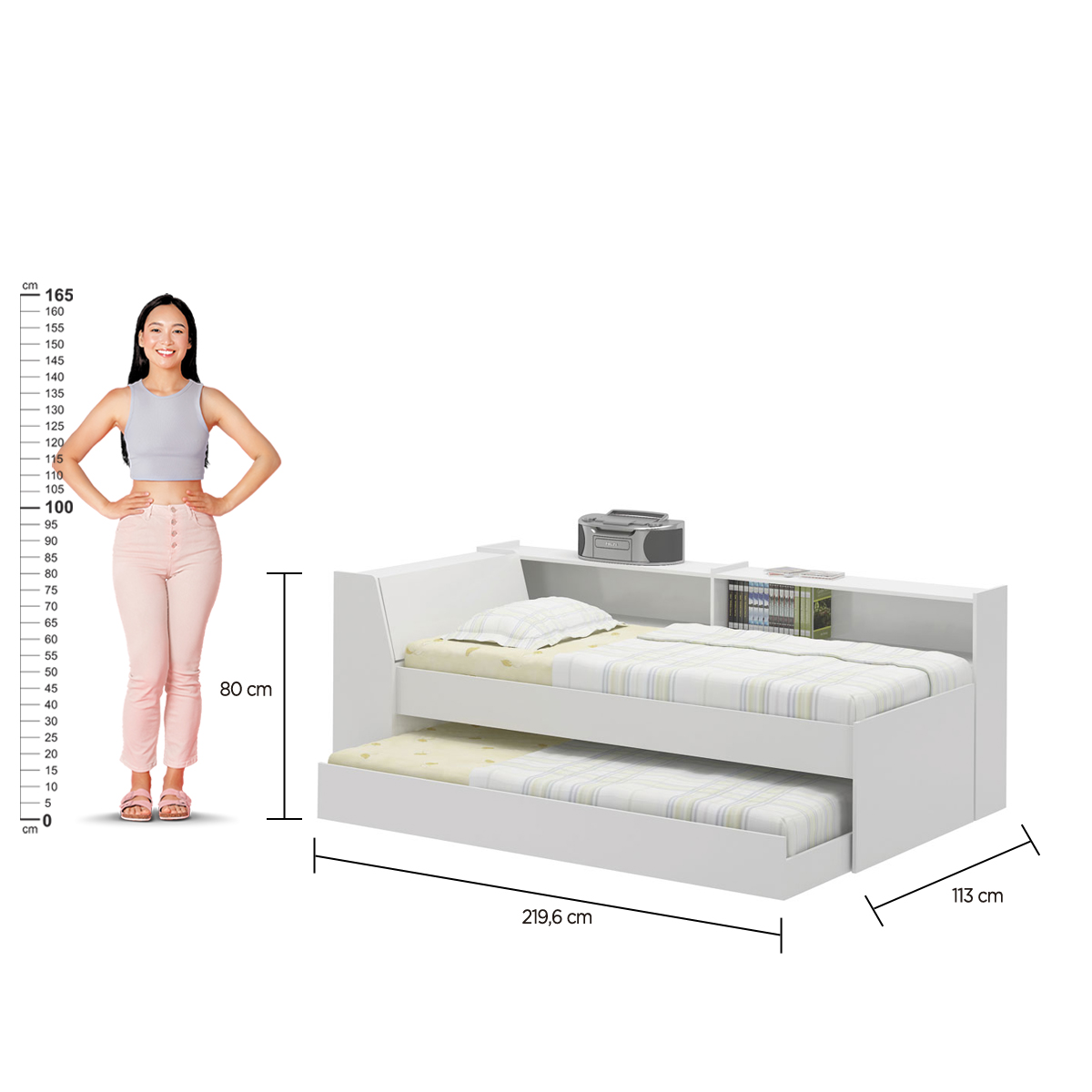 Cama Solteiro Bicama Estante +luz+2colc Ditália BB2829 cor:branco