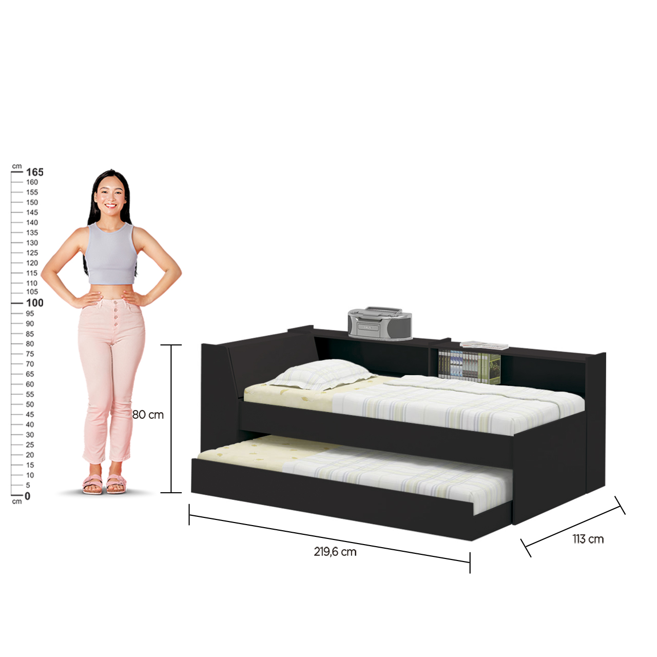 Cama Solteiro Bicama Estante +luz+2colc Ditália BB2829 cor:preto