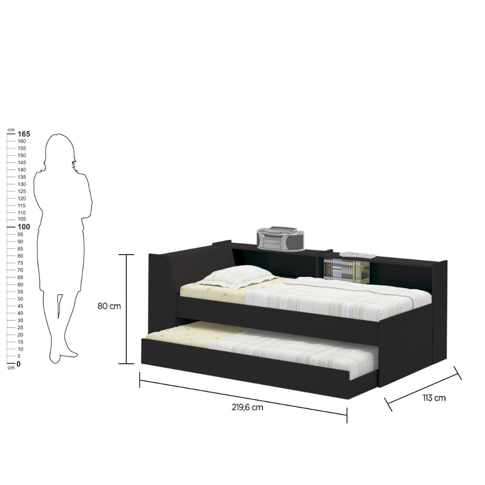 Cama Solteiro Bicama com Estante Ditália BB-28-29 Preto