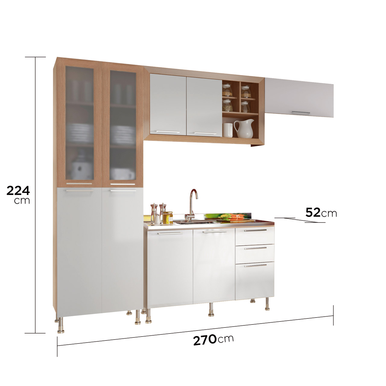 Cozinha Compacta Ditália Aspen 4 Peças Carvalho/Branco A45