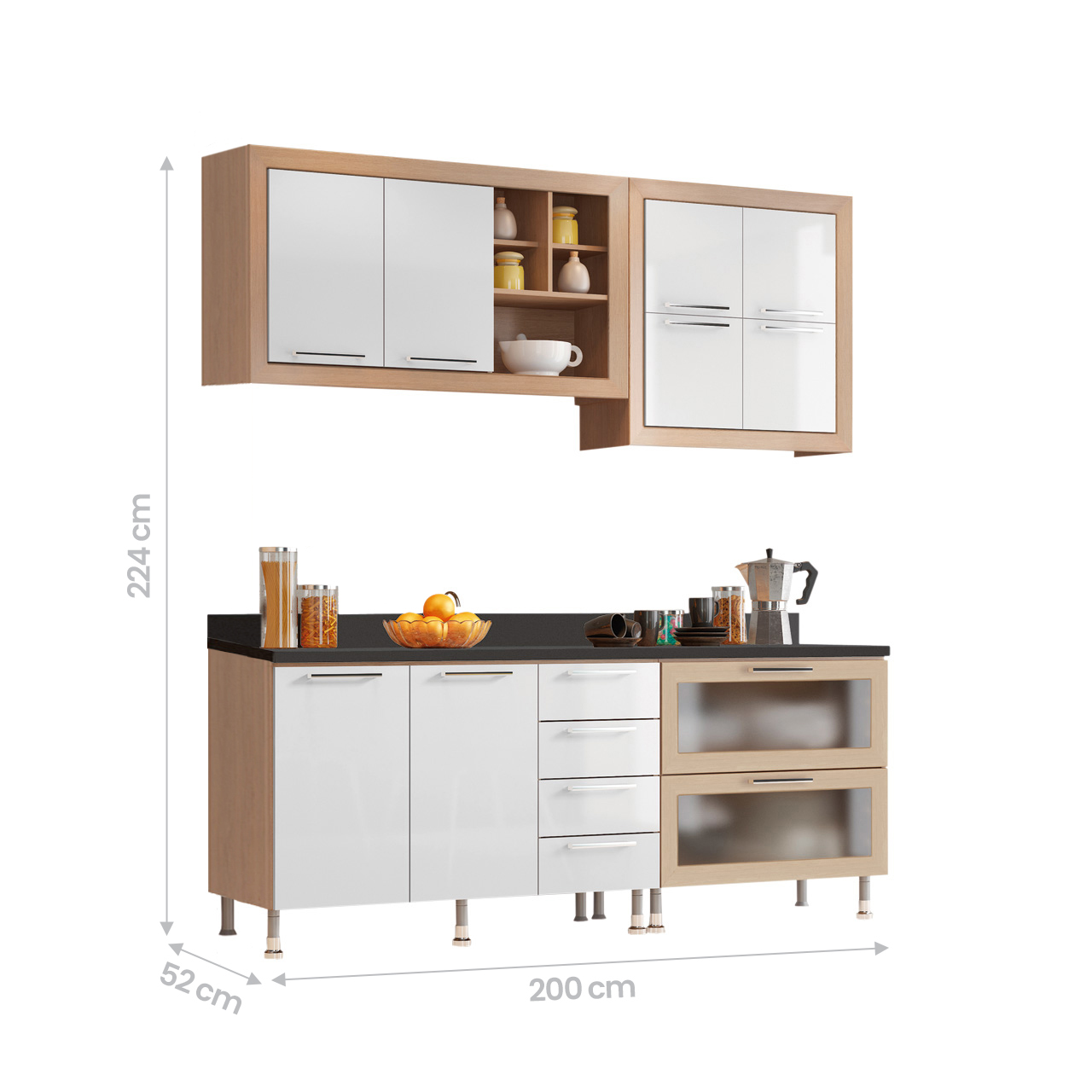 Cozinha Ditália Aspen com tampos Carv/Branco A58