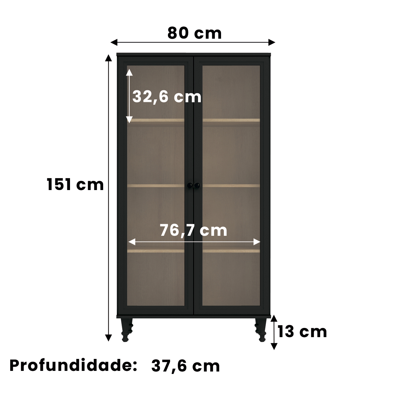 Cristaleira Estante Para Livros Ditália 2 Portas Vidro E-957 Cor:Preto