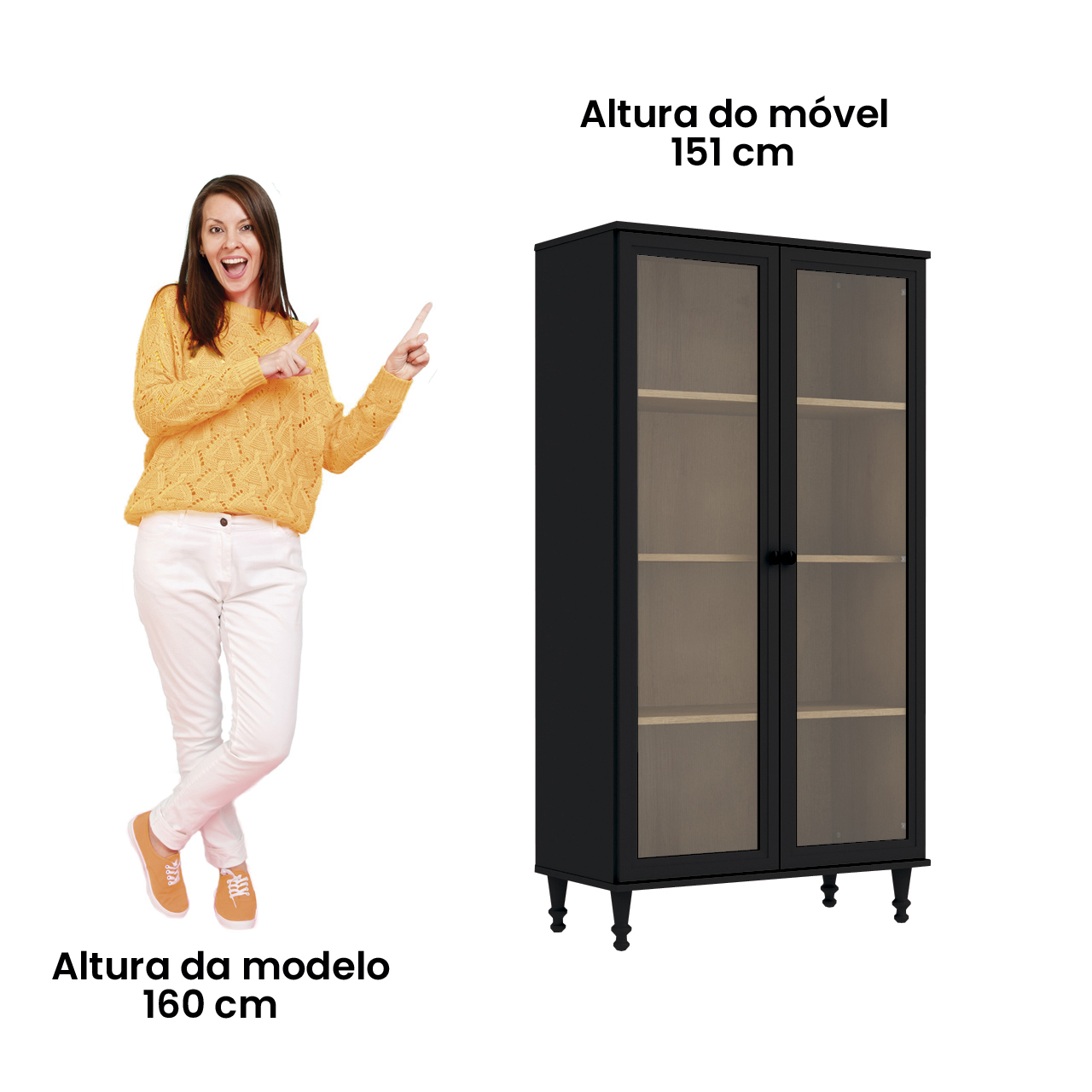 Cristaleira Estante Para Livros Ditália 2 Portas Vidro E-957 Cor:Preto