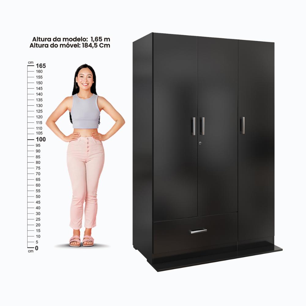 Guarda Roupa Ditália 3 Portas 1 Gaveta DM-578 Cor:Preto