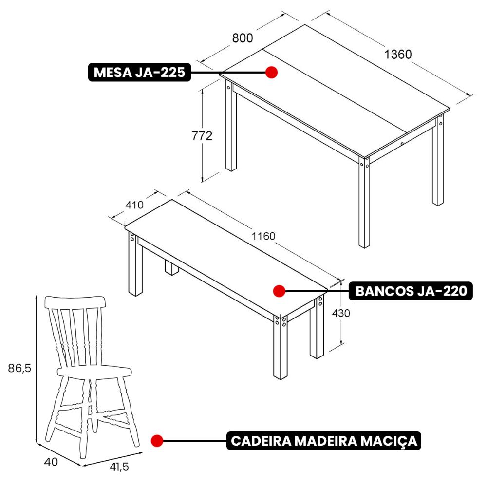 Mesa de Jantar Ditália 2Bancos 2Cad JA-220+JA-225 Cor:Branco