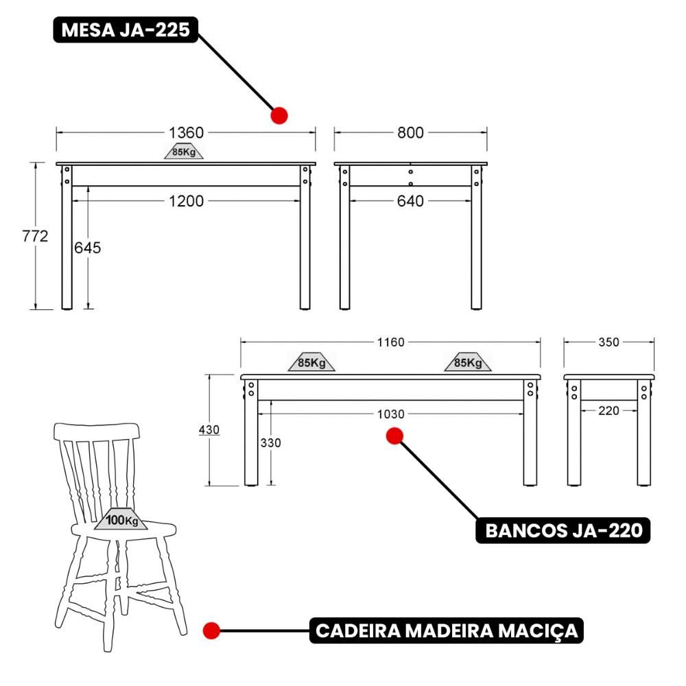 Mesa de Jantar Ditália 2Bancos 2Cad JA-220+JA-225 Cor:Branco