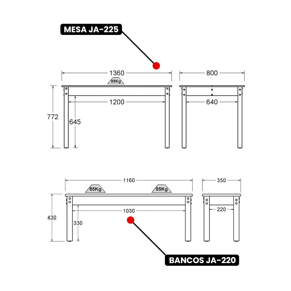 Mesa de Jantar Ditália 2Bancos JA-220+JA-225 Cor:Branco