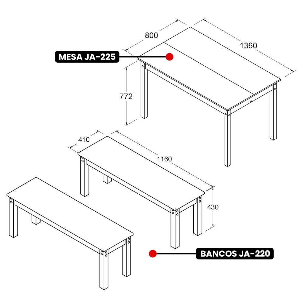 Mesa de Jantar Ditália 2Bancos JA-220+JA-225 Cor:Diamond