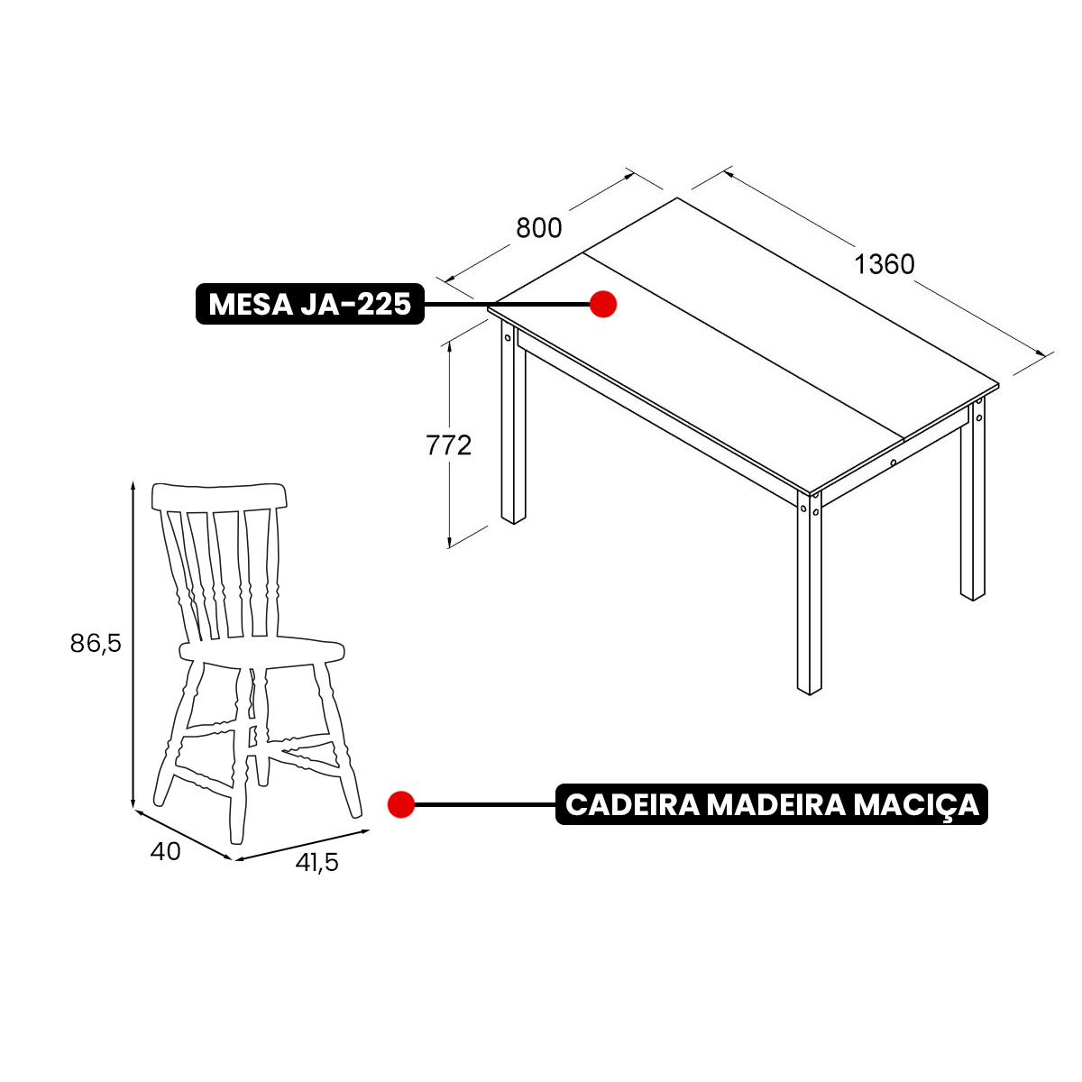 Mesa de Jantar Ditália com 4 Cadeiras JA-225 Cor:Branco