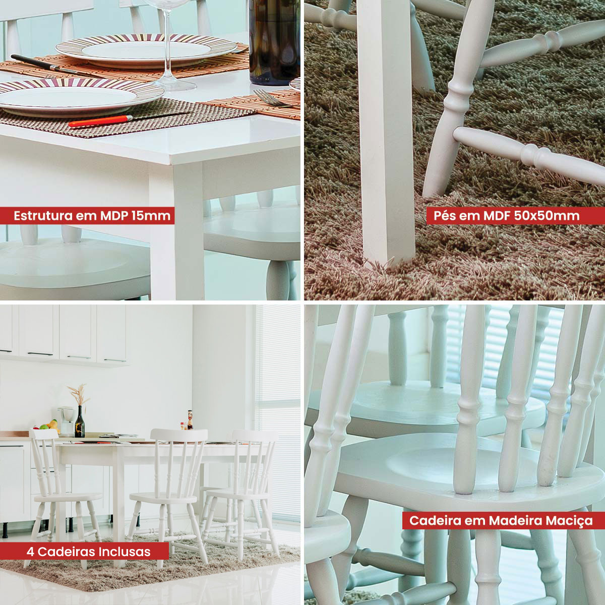 Mesa de Jantar Ditália com 4 Cadeiras JA-225 Cor:Branco