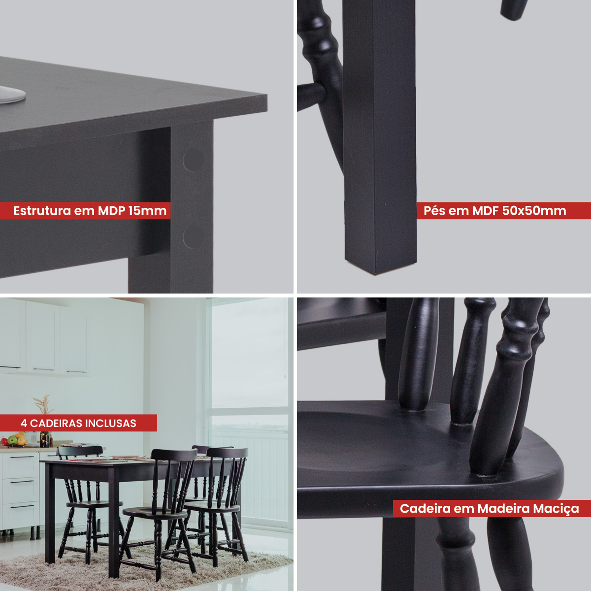 Mesa de Jantar Ditália com 4 Cadeiras JA-225 Cor:Preto