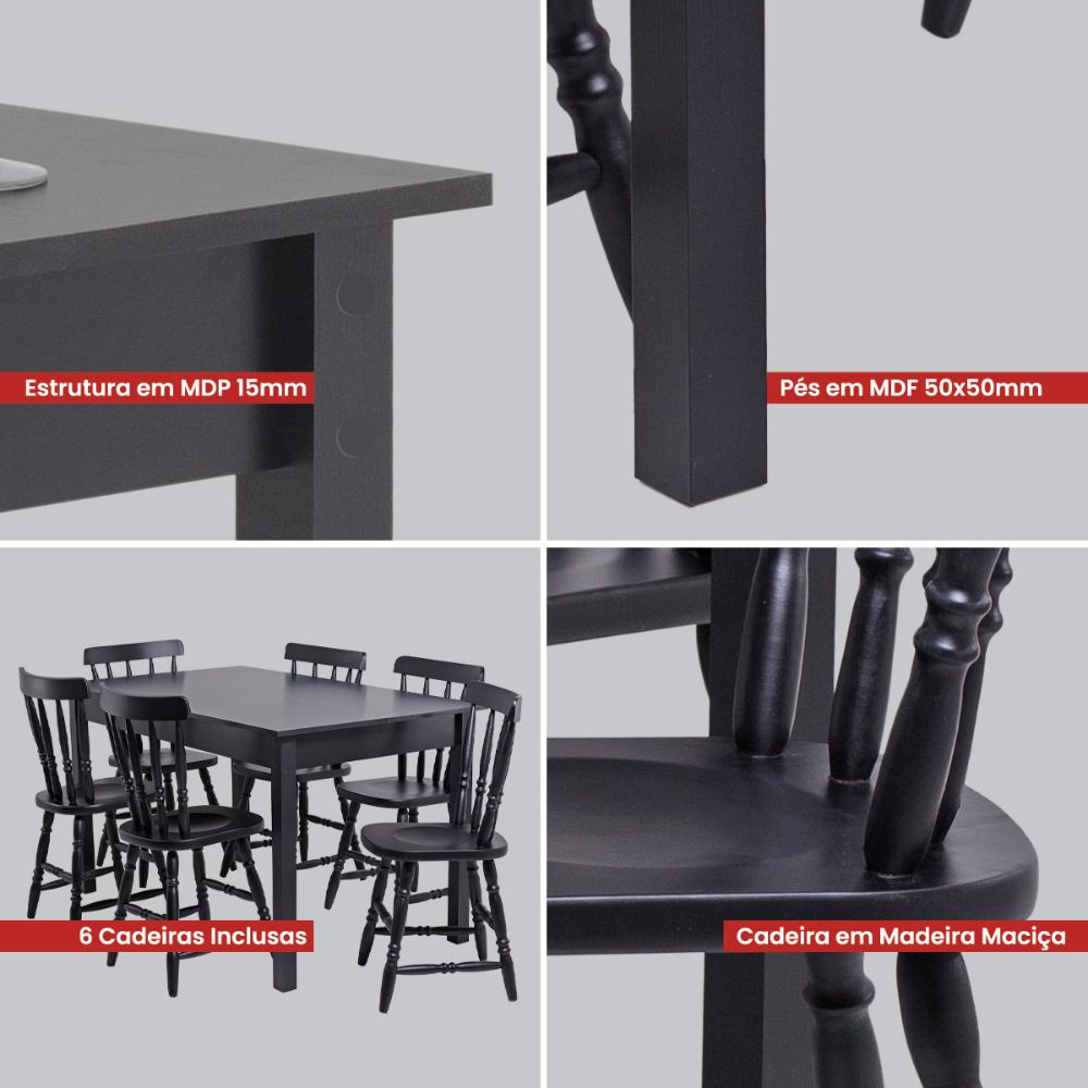 Mesa de Jantar Ditália com 6 Cadeiras JA-225 Cor:Preto