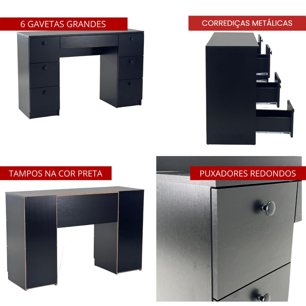 Mesa de escritório Ditália 7 Gavetas com Cadeira PE-100 COR:preto