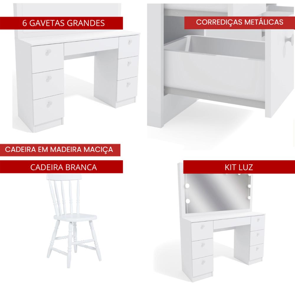 Penteadeira Ditália 7Gavetas c/Cadeira + kit luz PE-80 COR:branco