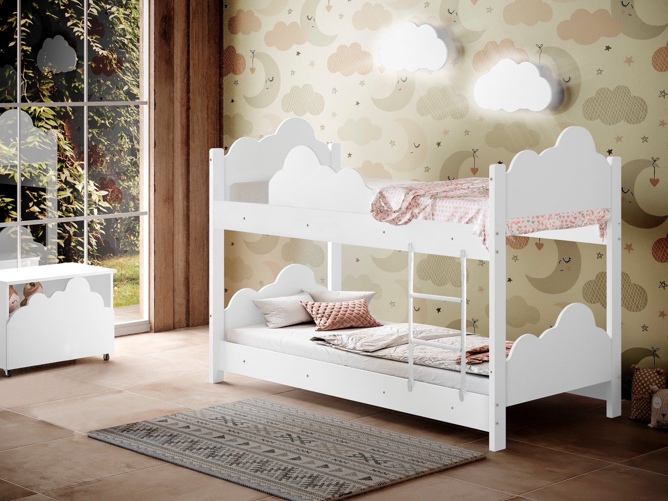 Beliche Ayla Branco com Colchões e 2 Luminárias Sonhos de Luz
